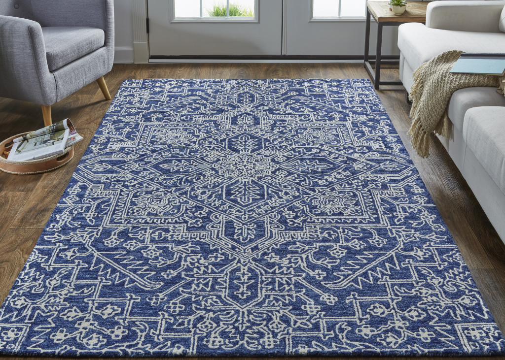 2 X 3 Blue And Ivory Wool Floral Tufted Handmade Stain Resistant Area Rug