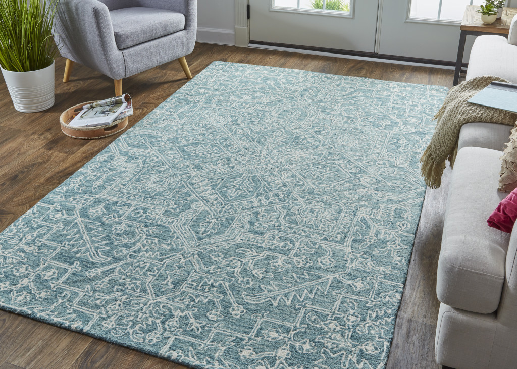 5" X 8" Blue Ivory And Green Wool Floral Tufted Handmade Stain Resistant Area Rug