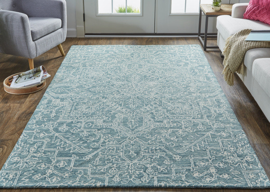 5" X 8" Blue Ivory And Green Wool Floral Tufted Handmade Stain Resistant Area Rug