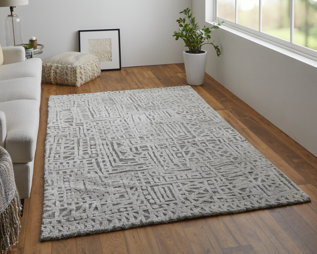 5" X 8" Gray And Silver Geometric Stain Resistant Area Rug