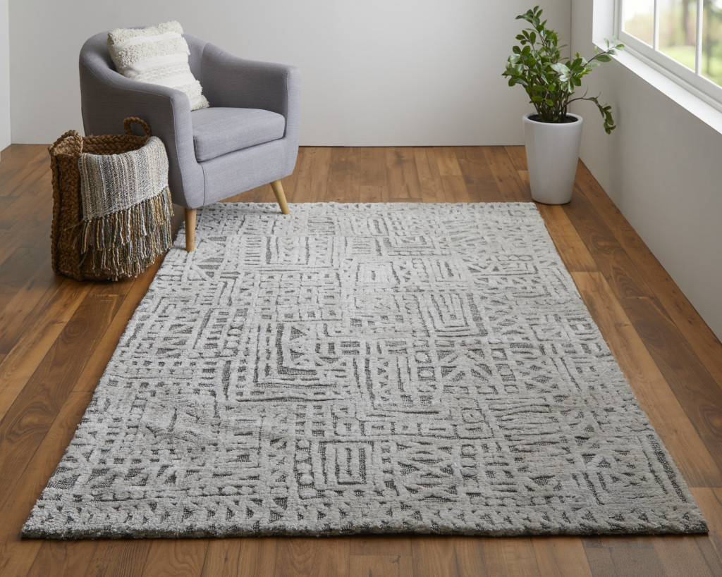5" X 8" Gray And Silver Geometric Stain Resistant Area Rug