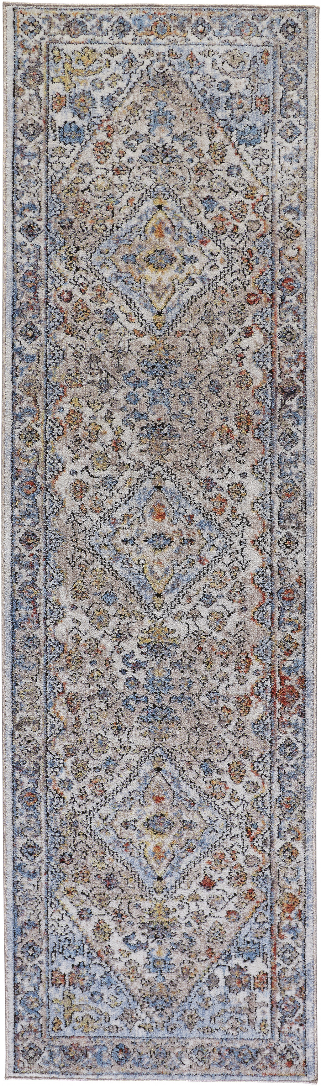 8' Taupe Blue And Gray Floral Stain Resistant Runner Rug-512306-1