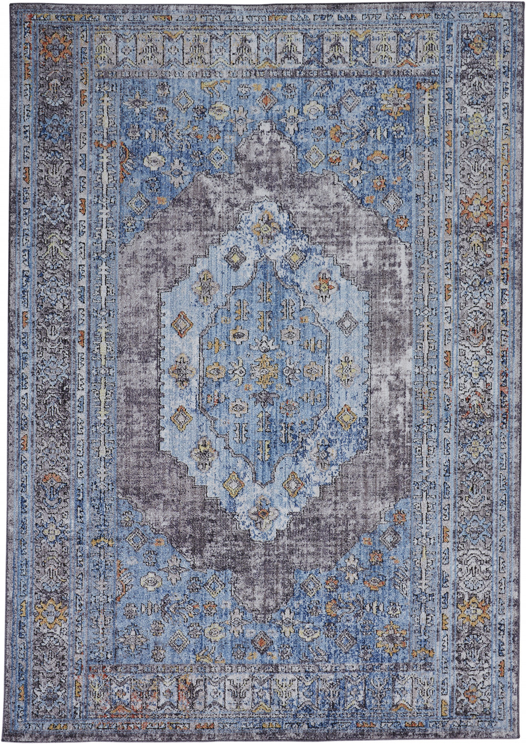 8' X 10' Blue Gray And Gold Floral Stain Resistant Area Rug-512338-1