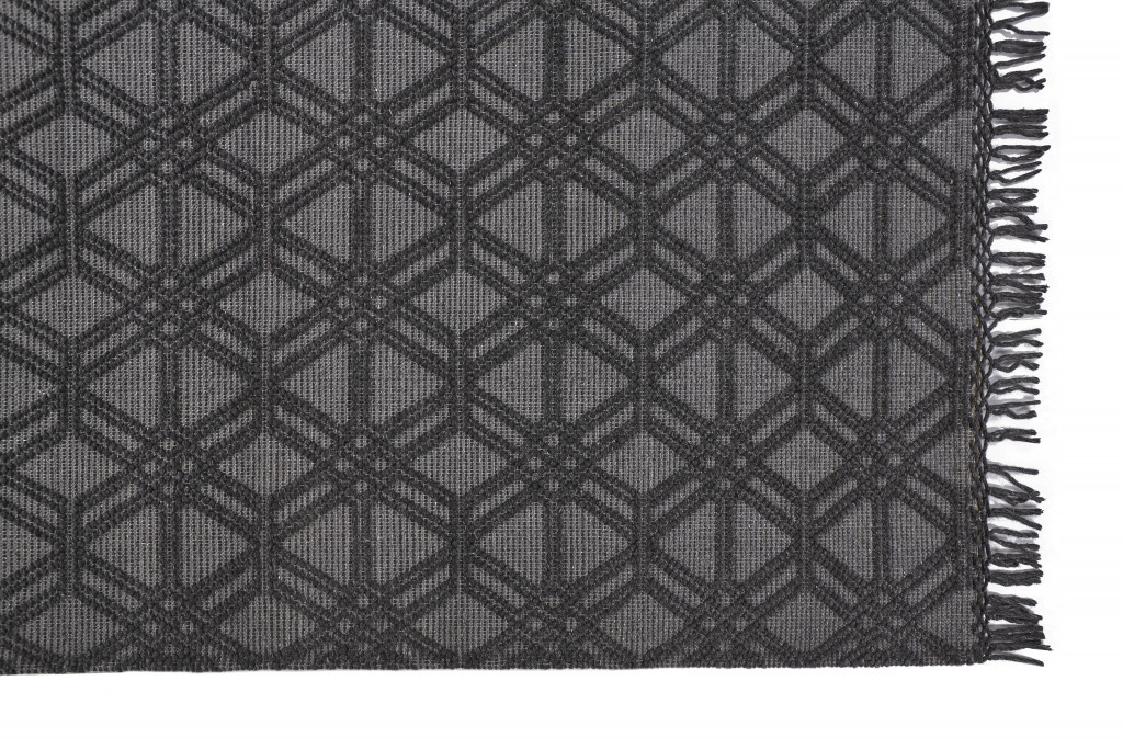 5 X 8 Black And gray Wool geometric Hand Woven Area Rug With Fringe