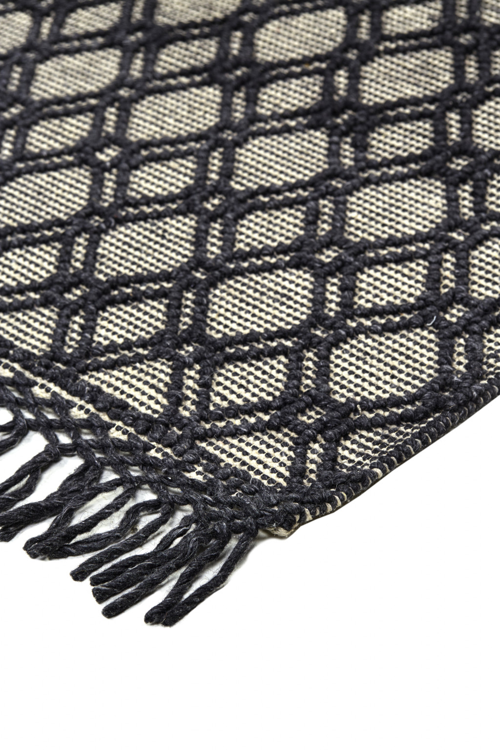 5" X 8" Black And Ivory Wool Geometric Hand Woven Area Rug With Fringe