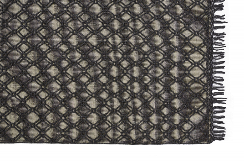 5" X 8" Black And Ivory Wool Geometric Hand Woven Area Rug With Fringe