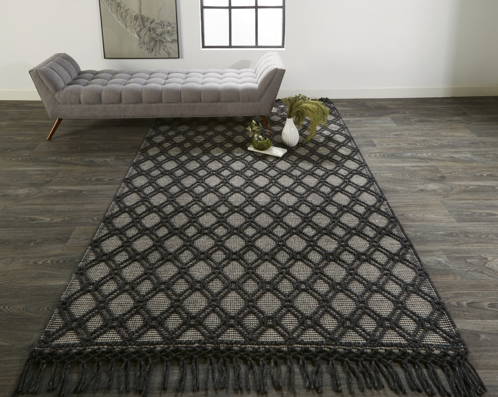 8" X 10" Black And Ivory Wool Geometric Hand Woven Area Rug With Fringe