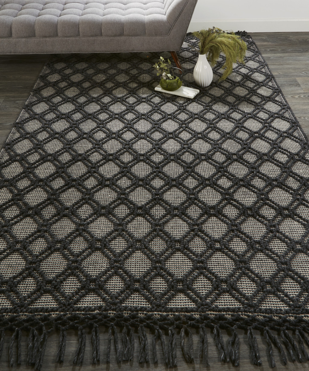 8" X 10" Black And Ivory Wool Geometric Hand Woven Area Rug With Fringe