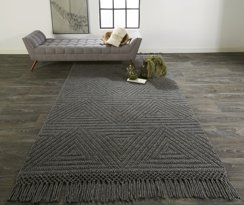 8" X 10" Gray Wool Geometric Hand Woven Area Rug With Fringe