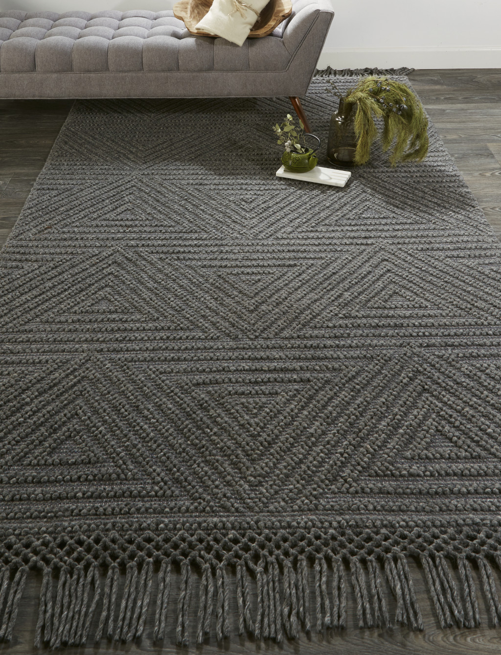 8" X 10" Gray Wool Geometric Hand Woven Area Rug With Fringe