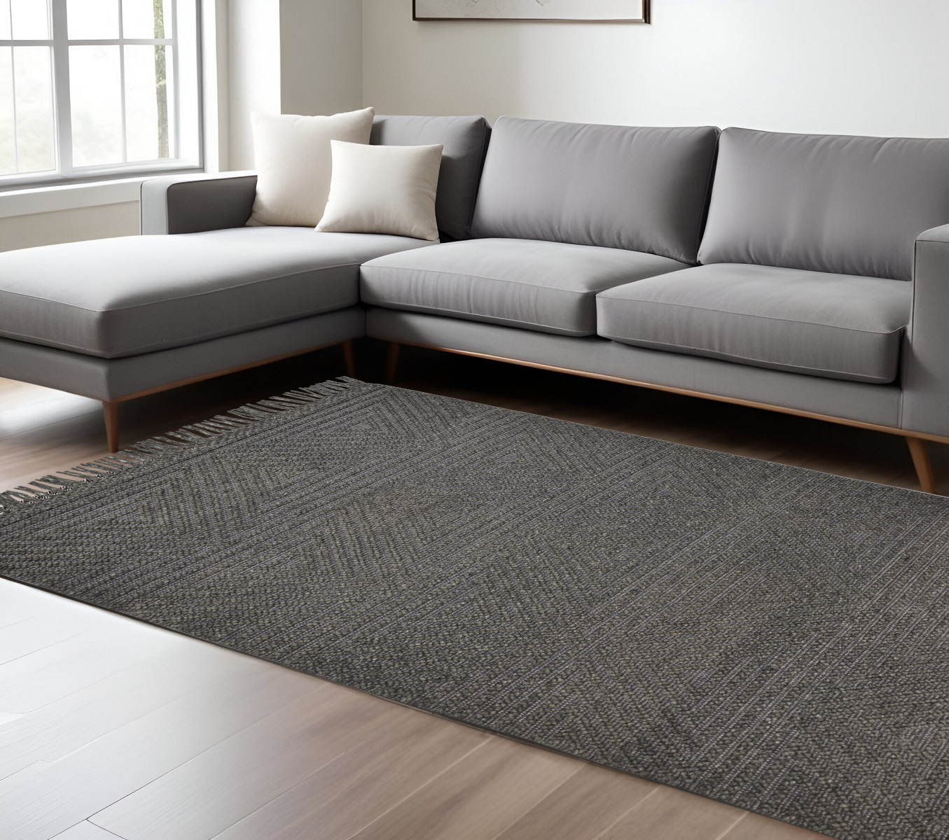 8" X 10" Gray Wool Geometric Hand Woven Area Rug With Fringe