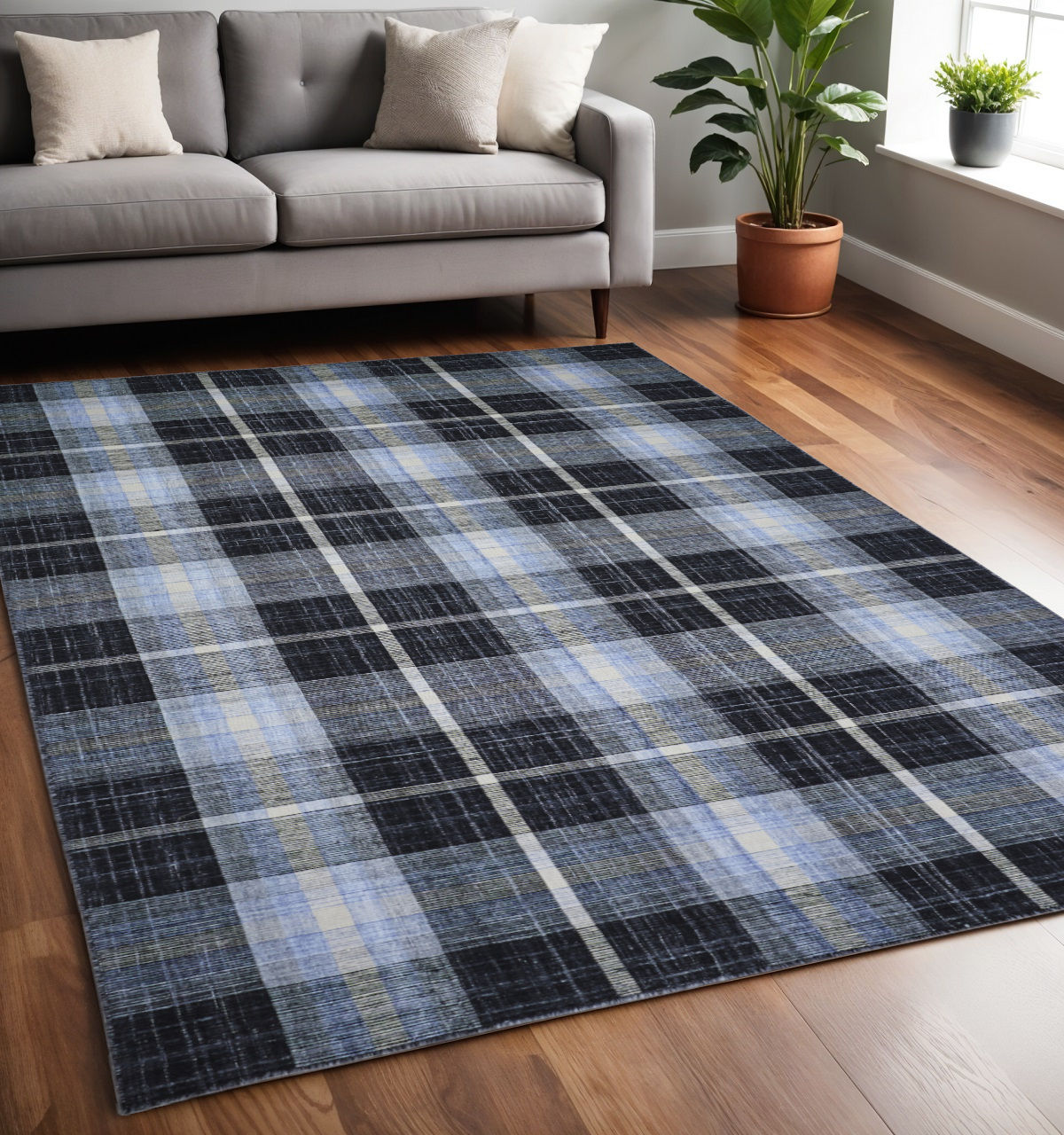 5" X 8" Black and Blue Abstract Hand Woven Area Rug
