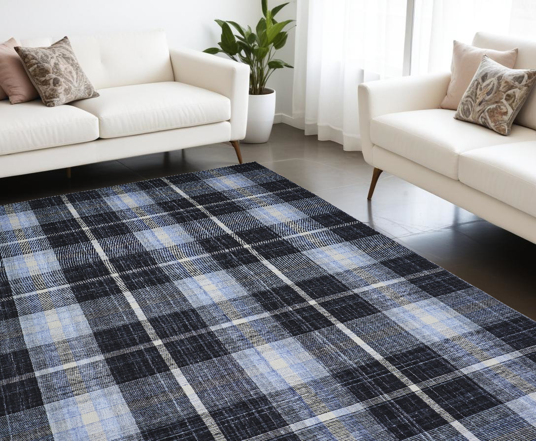8" X 10" Black Blue And White Abstract Hand Woven Stain Resistant Area Rug