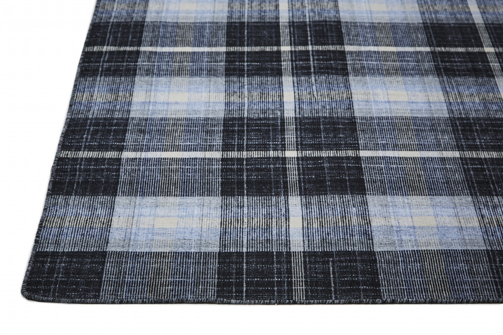 8" X 10" Black Blue And White Abstract Hand Woven Stain Resistant Area Rug