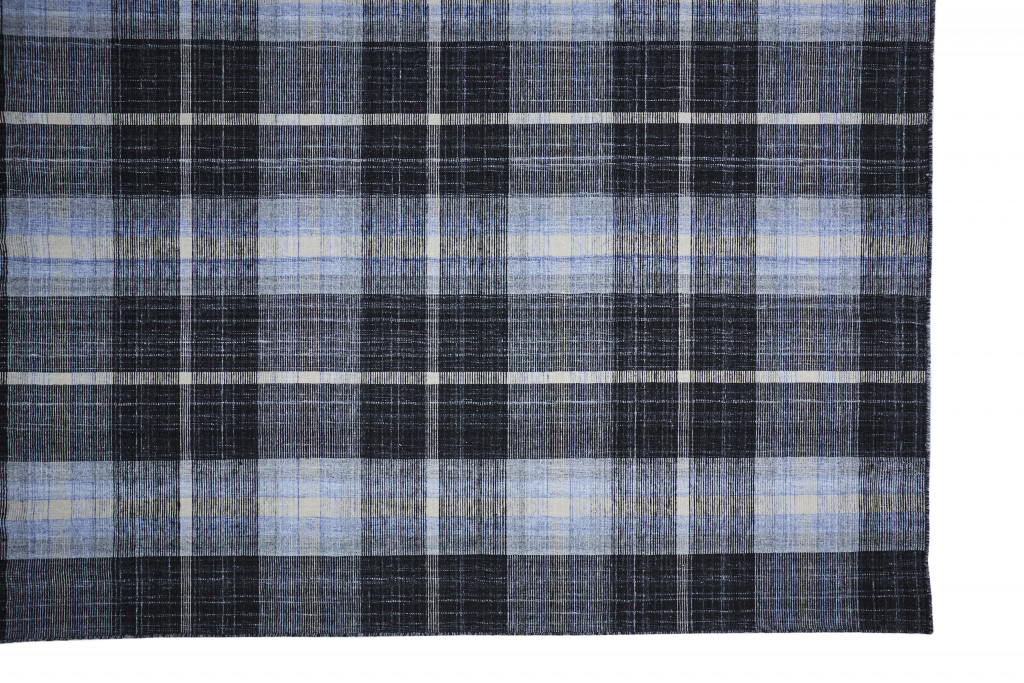 8" X 10" Black Blue And White Abstract Hand Woven Stain Resistant Area Rug