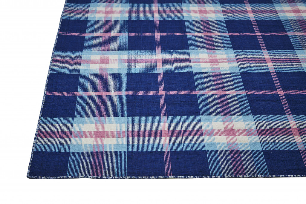8" X 10" Blue and Pink Abstract Hand Woven Area Rug