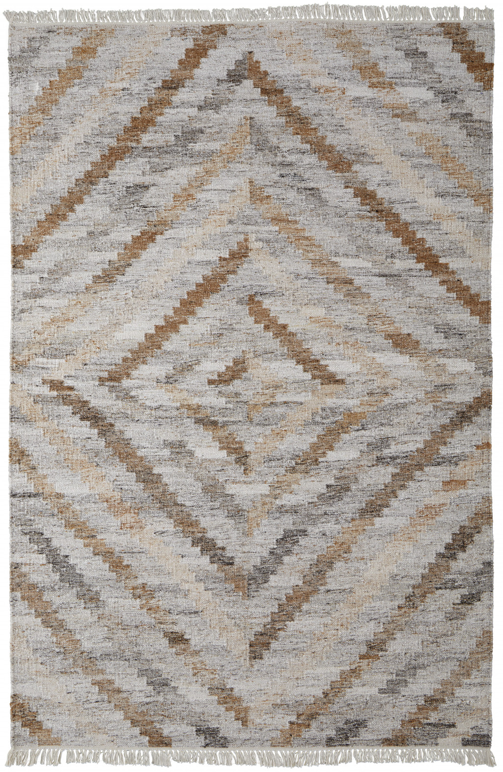5' X 8' Ivory Gray And Tan Geometric Hand Woven Stain Resistant Area Rug With Fringe-512423-1
