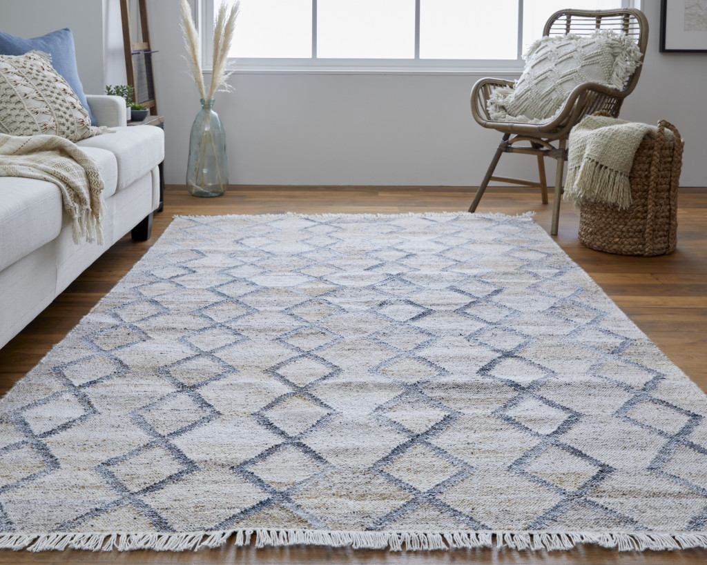 2 X 3 gray Ivory And Tan geometric Hand Woven Stain Resistant Area Rug With Fringe