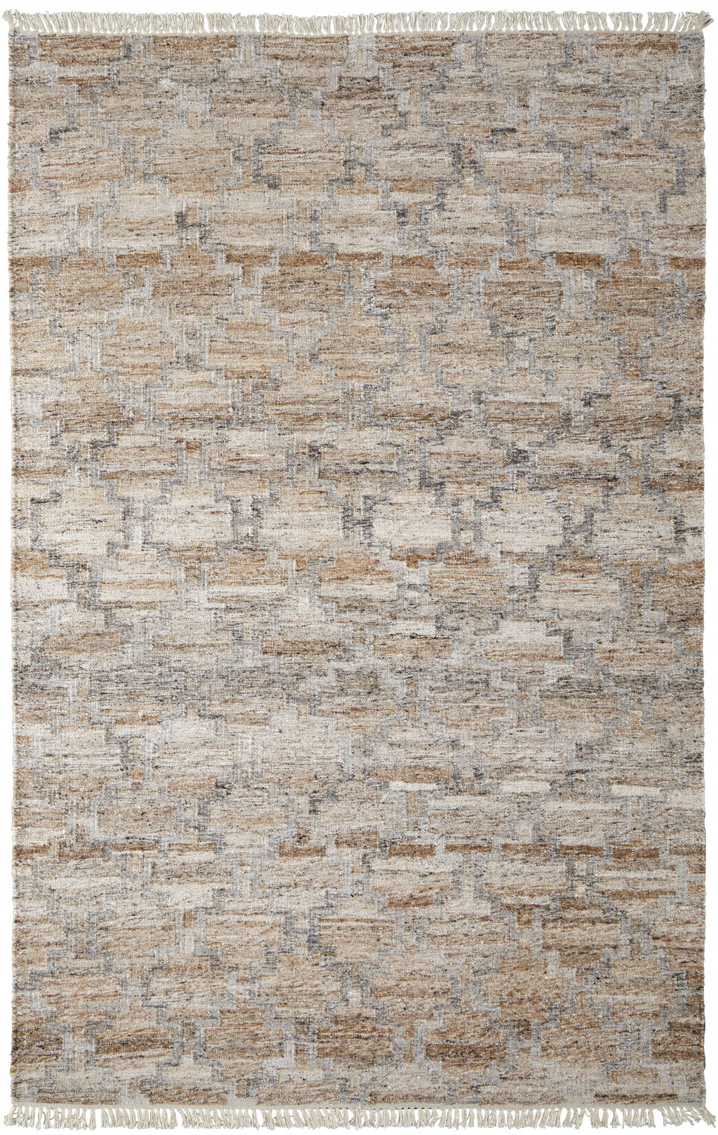 5 X 8 Tan gray And Ivory geometric Hand Woven Stain Resistant Area Rug With Fringe