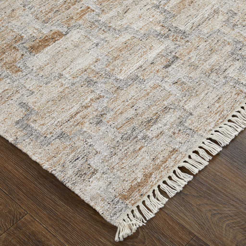 5 X 8 Tan gray And Ivory geometric Hand Woven Stain Resistant Area Rug With Fringe