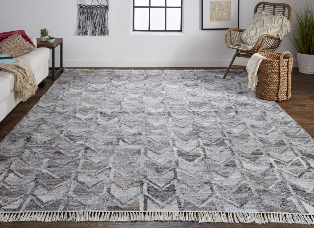 9' X 12' Gray Silver And Taupe Geometric Hand Woven Stain Resistant Area Rug With Fringe-512443-2