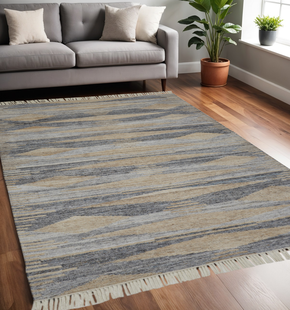 5" X 8" Gray and Ivory Abstract Hand Woven Area Rug With Fringe
