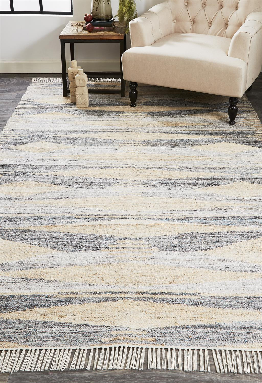 5" X 8" Gray and Ivory Abstract Hand Woven Area Rug With Fringe