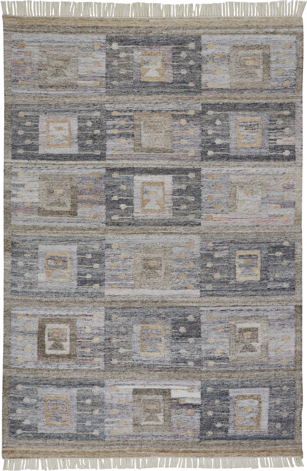 5" X 8" Gray Geometric Hand Woven Area Rug With Fringe