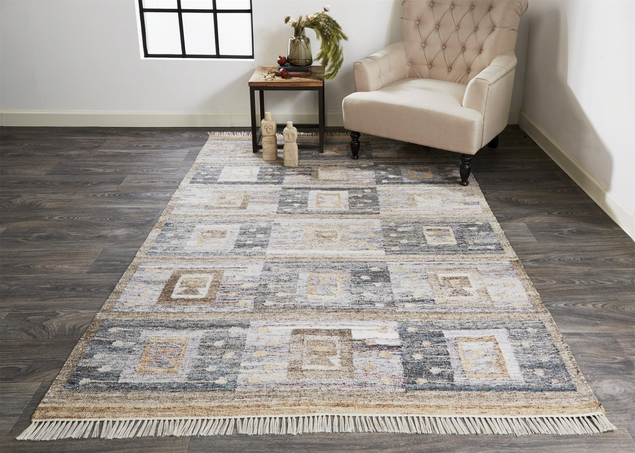 5" X 8" Gray Geometric Hand Woven Area Rug With Fringe