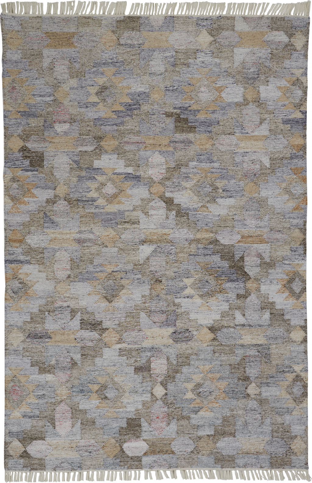 5" X 8" Gray and Blue Geometric Hand Woven Area Rug With Fringe