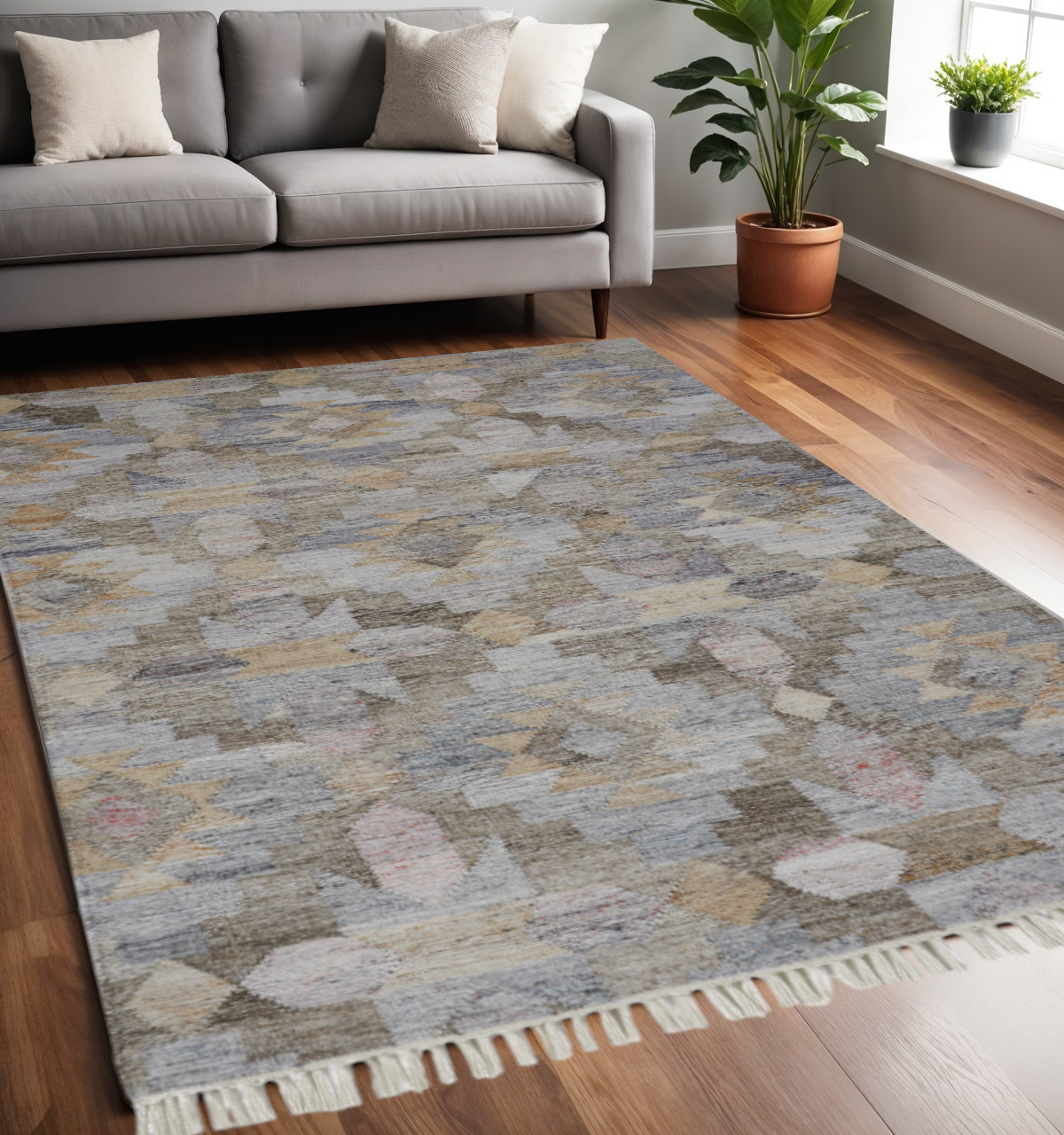 5" X 8" Gray and Blue Geometric Hand Woven Area Rug With Fringe