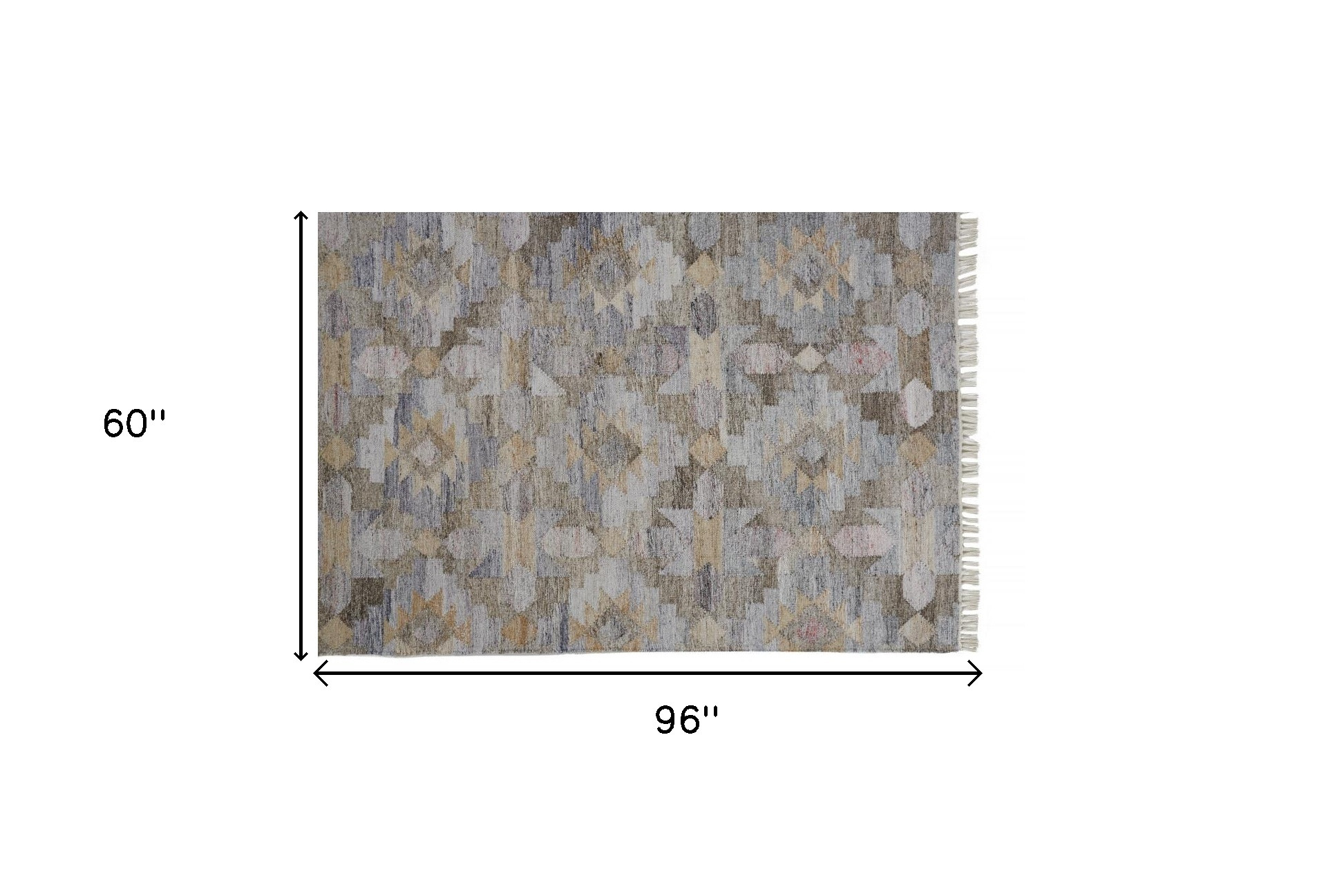 5" X 8" Gray and Blue Geometric Hand Woven Area Rug With Fringe