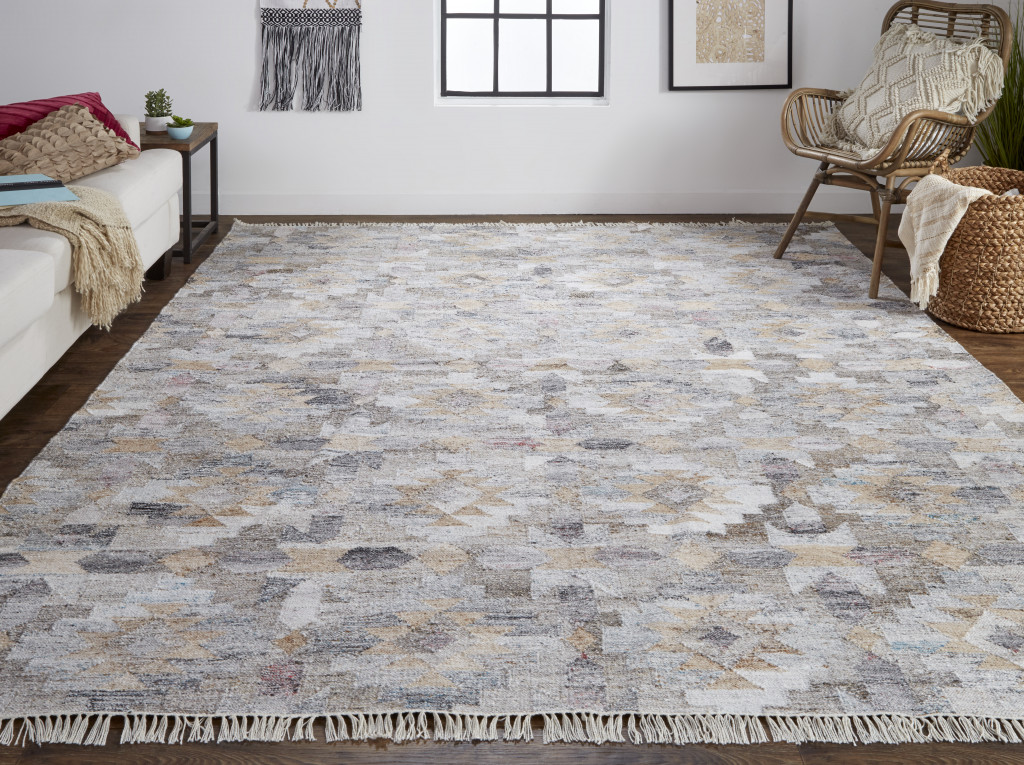 8' X 10' Taupe Gray And Blue Geometric Hand Woven Stain Resistant Area Rug With Fringe-512472-2