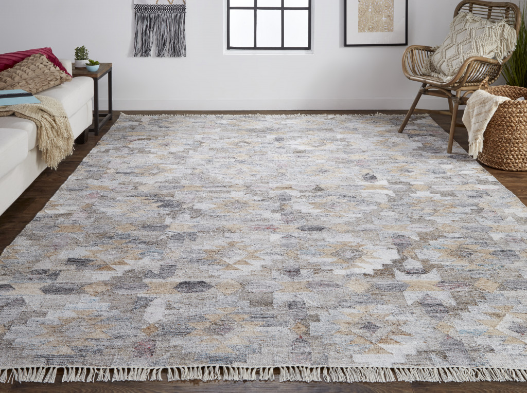 2" X 3" Taupe Gray And Blue Geometric Hand Woven Stain Resistant Area Rug With Fringe