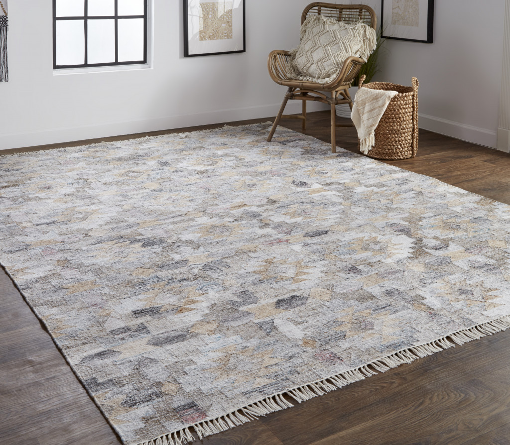 2" X 3" Taupe Gray And Blue Geometric Hand Woven Stain Resistant Area Rug With Fringe