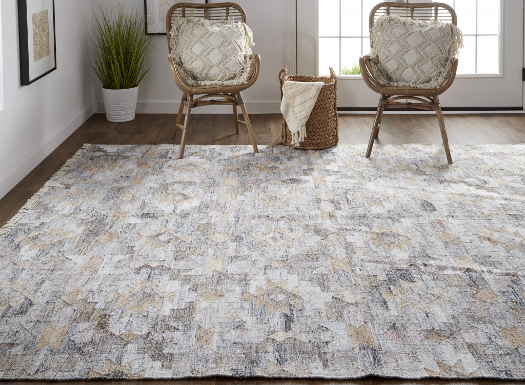 2" X 3" Taupe Gray And Blue Geometric Hand Woven Stain Resistant Area Rug With Fringe