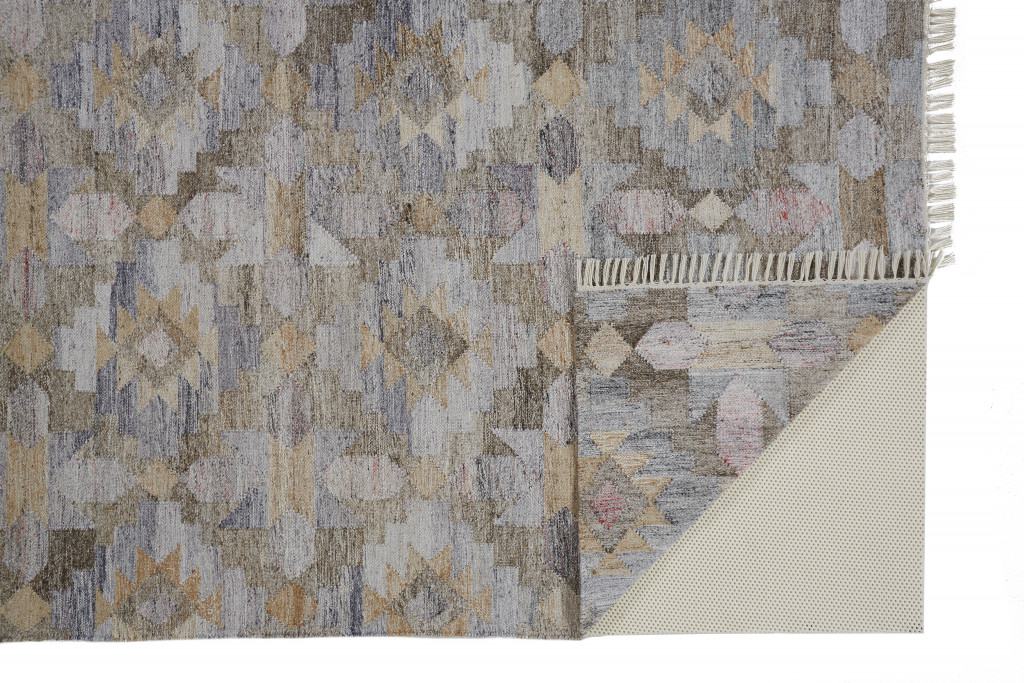 2 X 3 Taupe gray And Blue geometric Hand Woven Stain Resistant Area Rug With Fringe