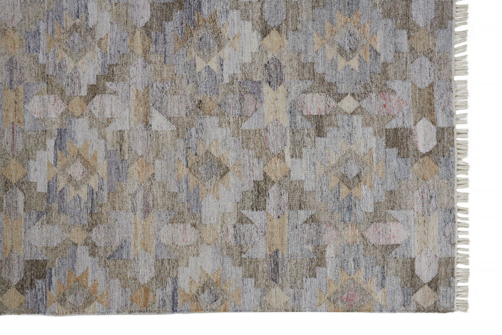 2 X 3 Taupe gray And Blue geometric Hand Woven Stain Resistant Area Rug With Fringe