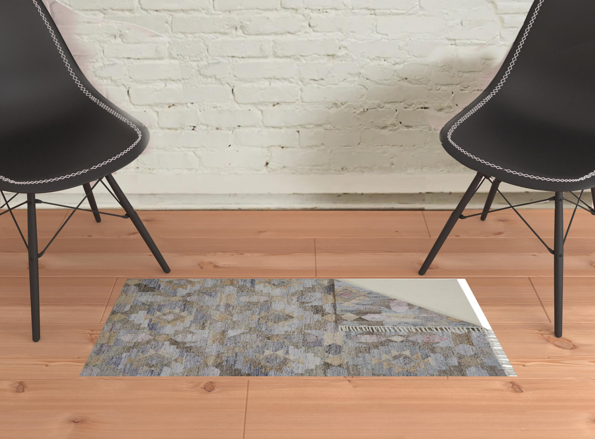 2 X 3 Taupe gray And Blue geometric Hand Woven Stain Resistant Area Rug With Fringe