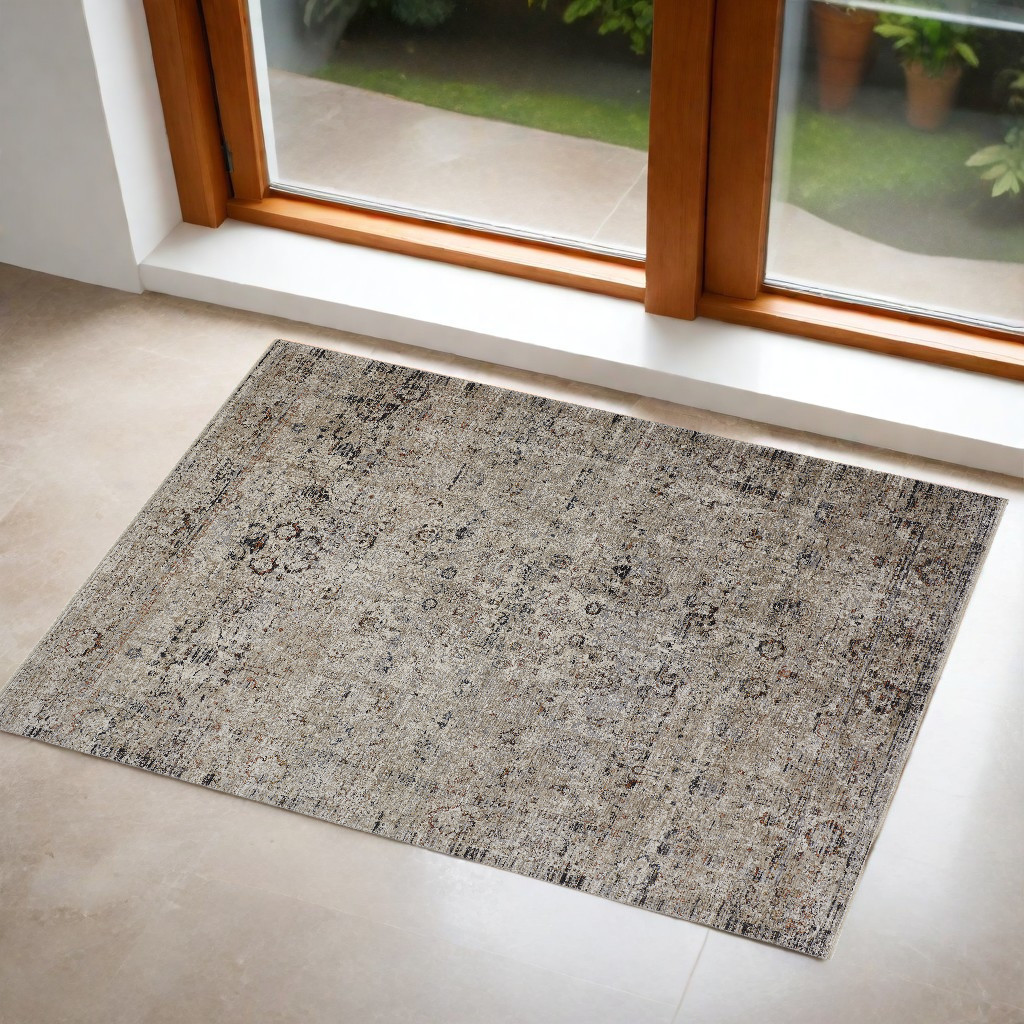 2" X 3" Taupe Ivory And Gray Abstract Distressed Area Rug With Fringe