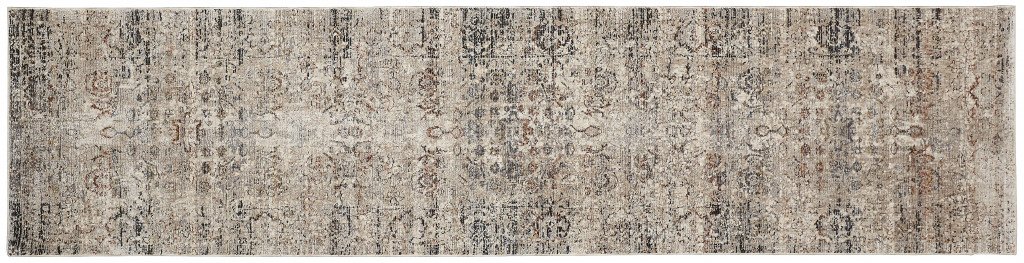 10" Taupe Ivory And Gray Abstract Distressed Runner Rug With Fringe