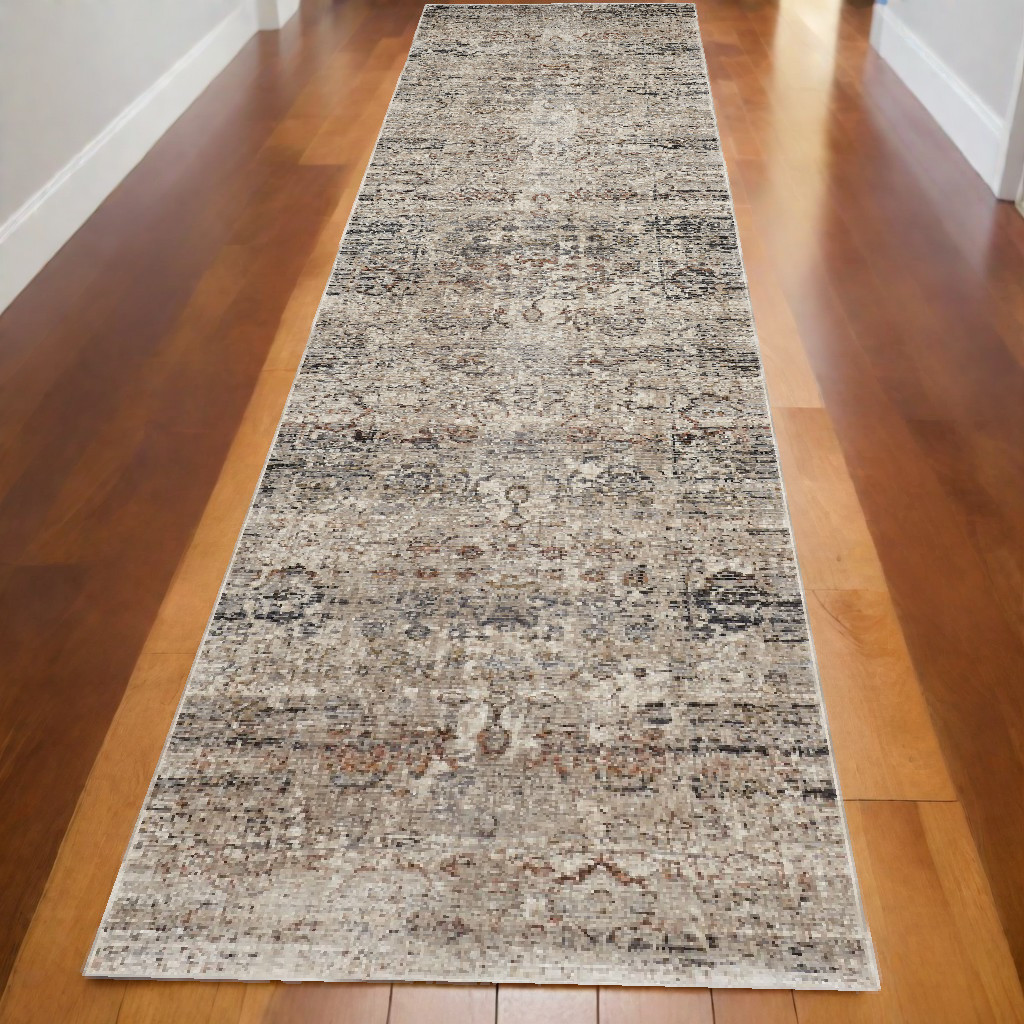 10" Taupe Ivory And Gray Abstract Distressed Runner Rug With Fringe