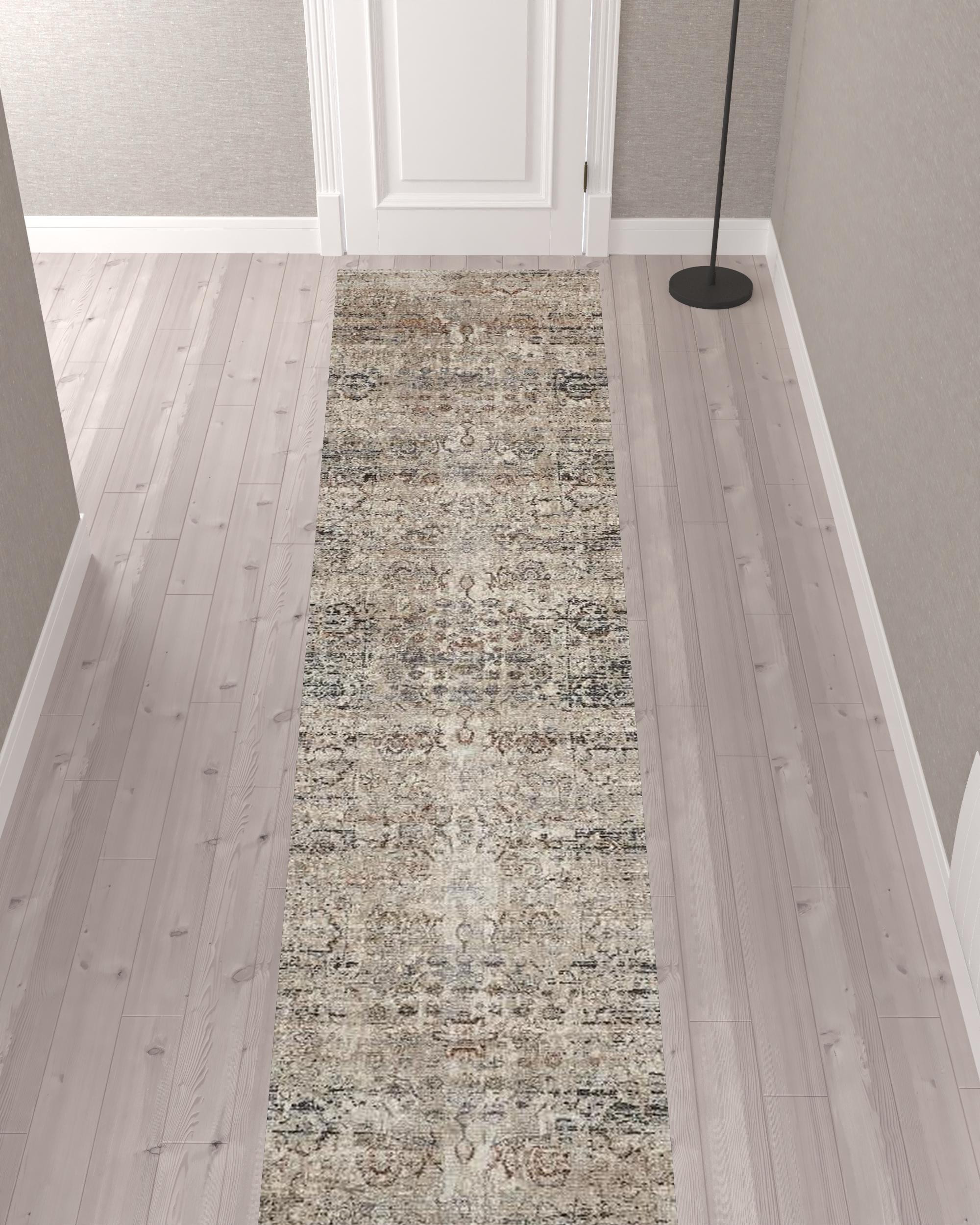12" Taupe Ivory And Gray Abstract Distressed Runner Rug With Fringe
