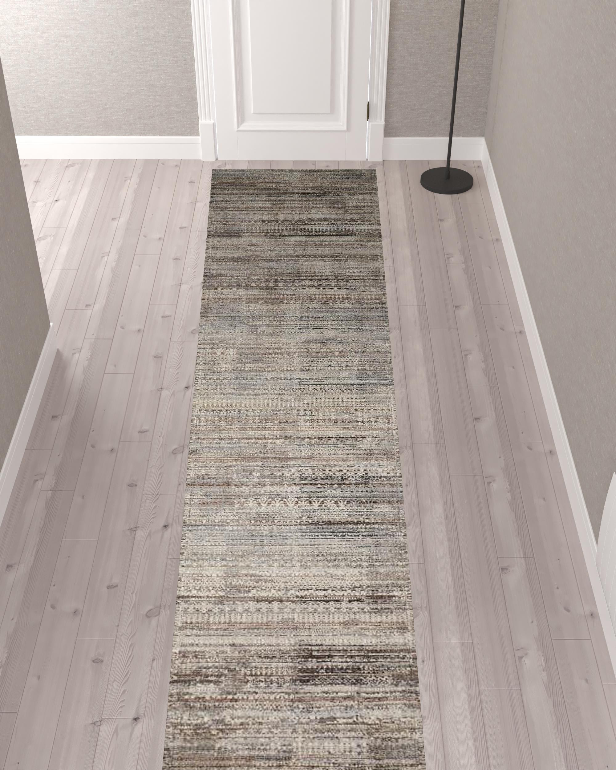 12" Ivory Gray And Black Abstract Distressed Runner Rug With Fringe