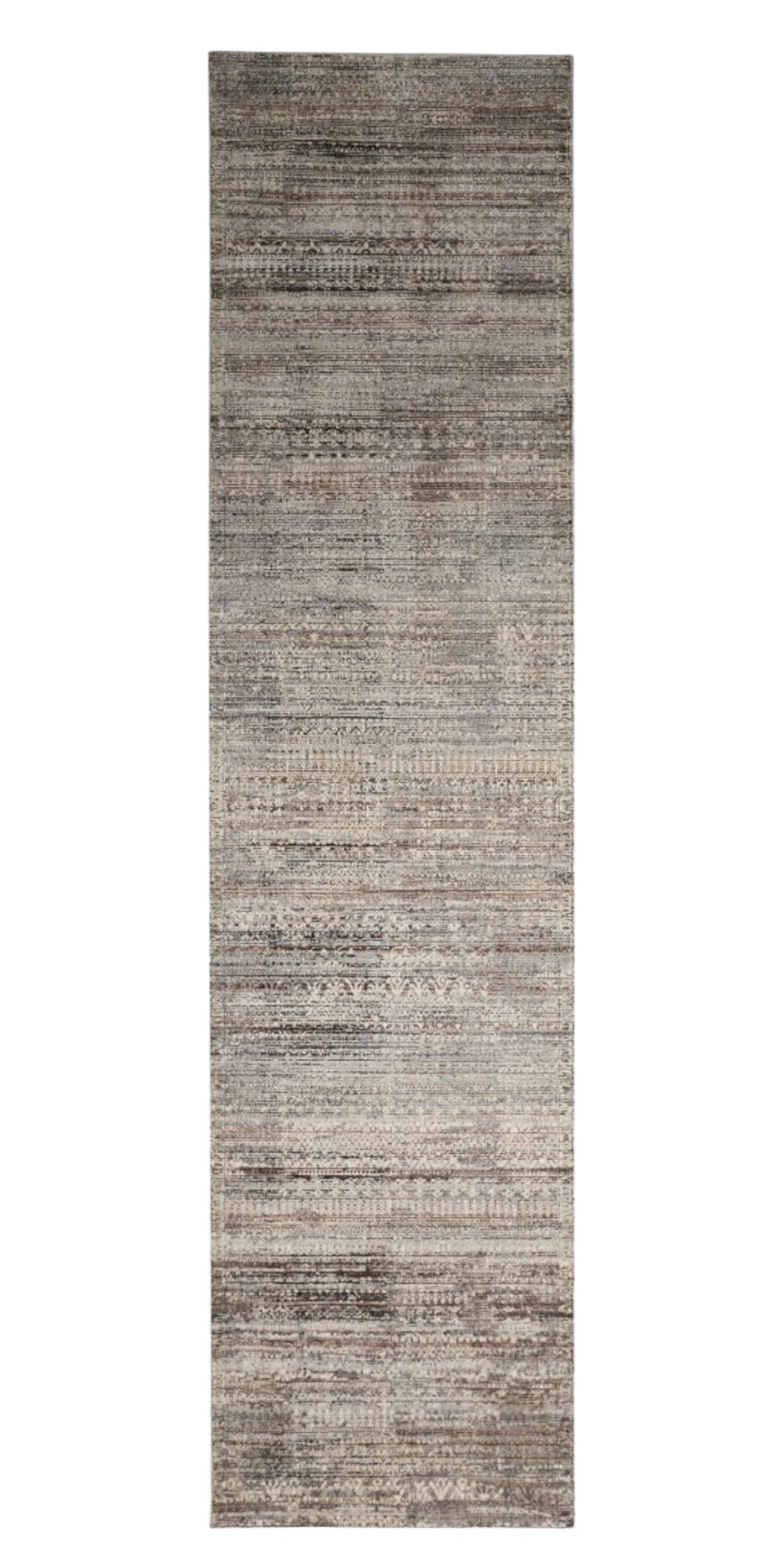 12" Ivory Gray And Black Abstract Distressed Runner Rug With Fringe