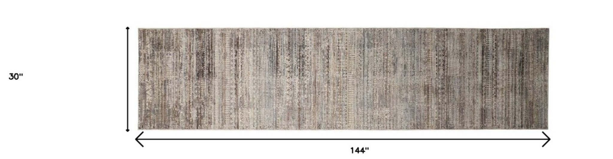 12" Ivory Gray And Black Abstract Distressed Runner Rug With Fringe