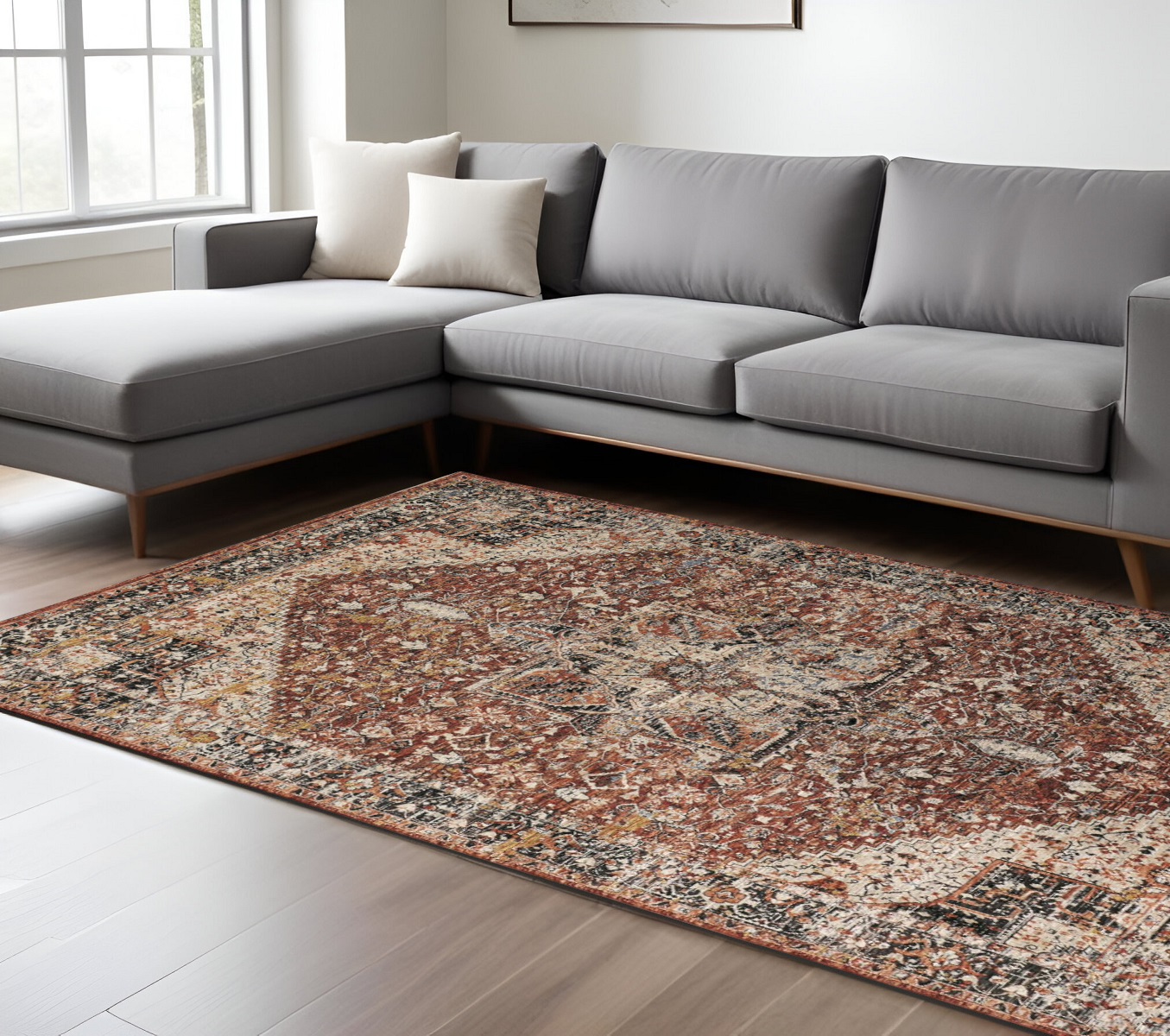 7' X 10' Red and Ivory Abstract Distressed Area Rug With Fringe-512497-1