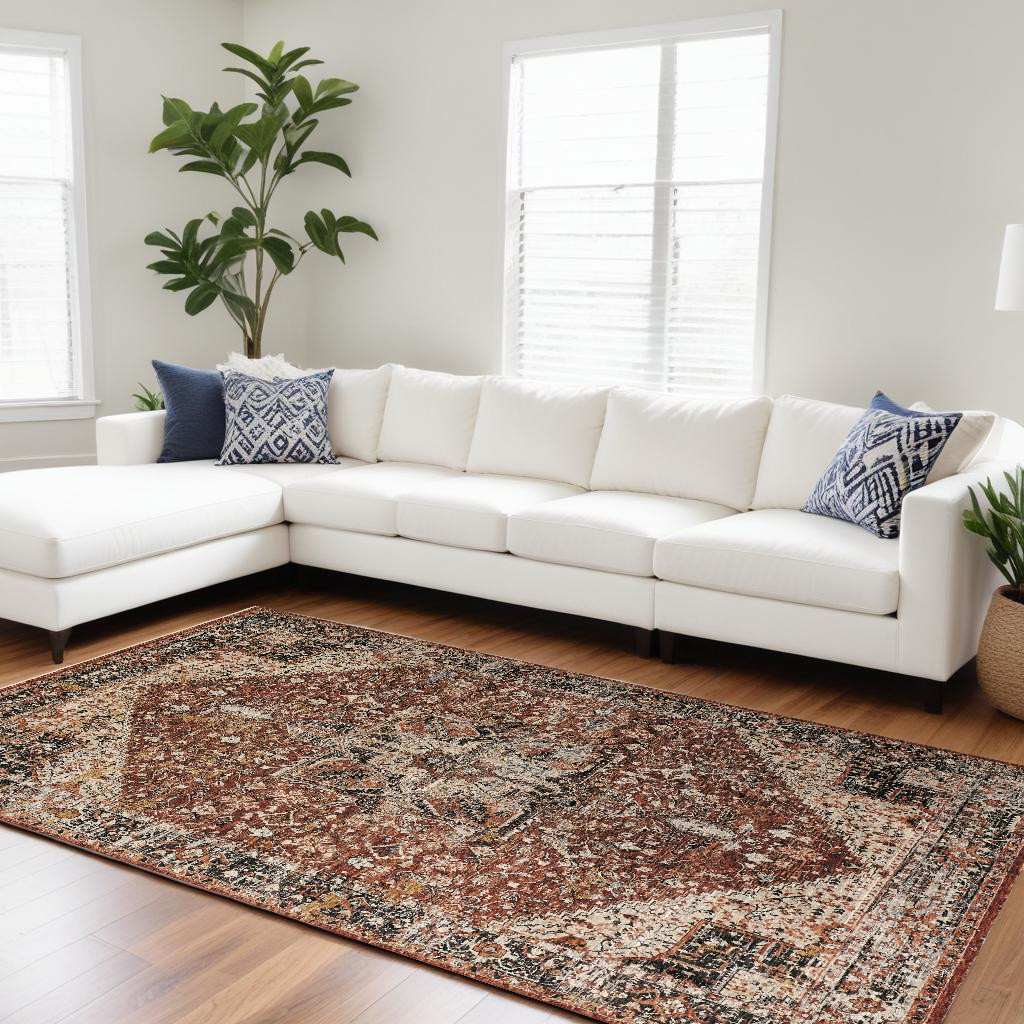 8' X 10' Red Ivory And Black Abstract Distressed Area Rug With Fringe-512498-1