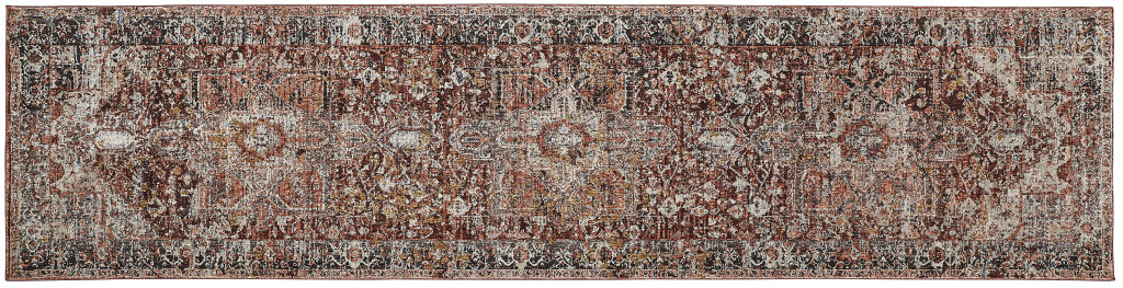 12" Red Ivory And Black Abstract Distressed Runner Rug With Fringe