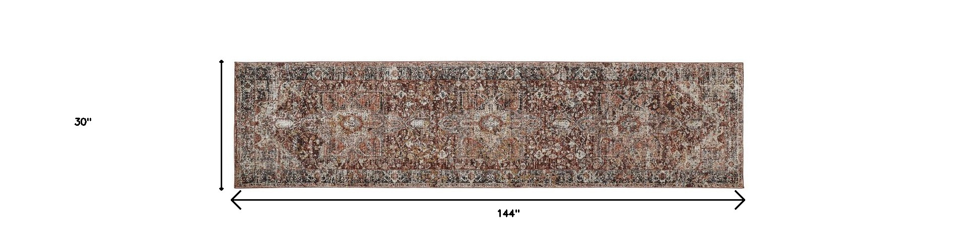 12" Red Ivory And Black Abstract Distressed Runner Rug With Fringe